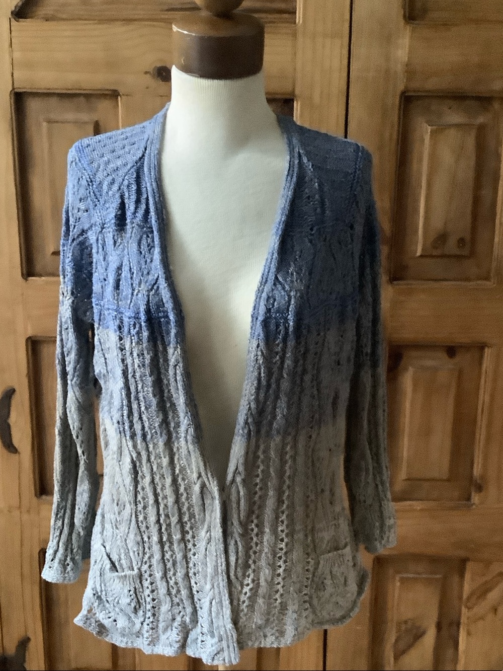 NIC+ZOE Blue to Gray Ombre Open-Front Cable Knit Cardigan
